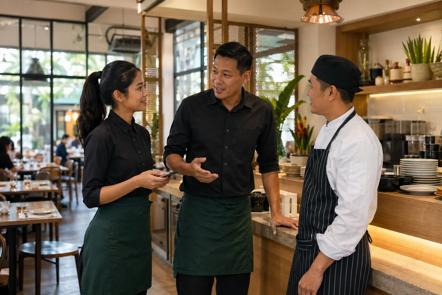 Restaurant manager, service staff and chef coordinating everyday operations