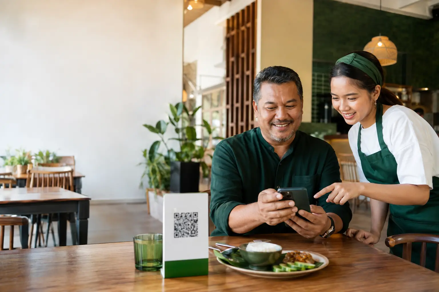 Restaurant owner and staff reviewing a QR menu