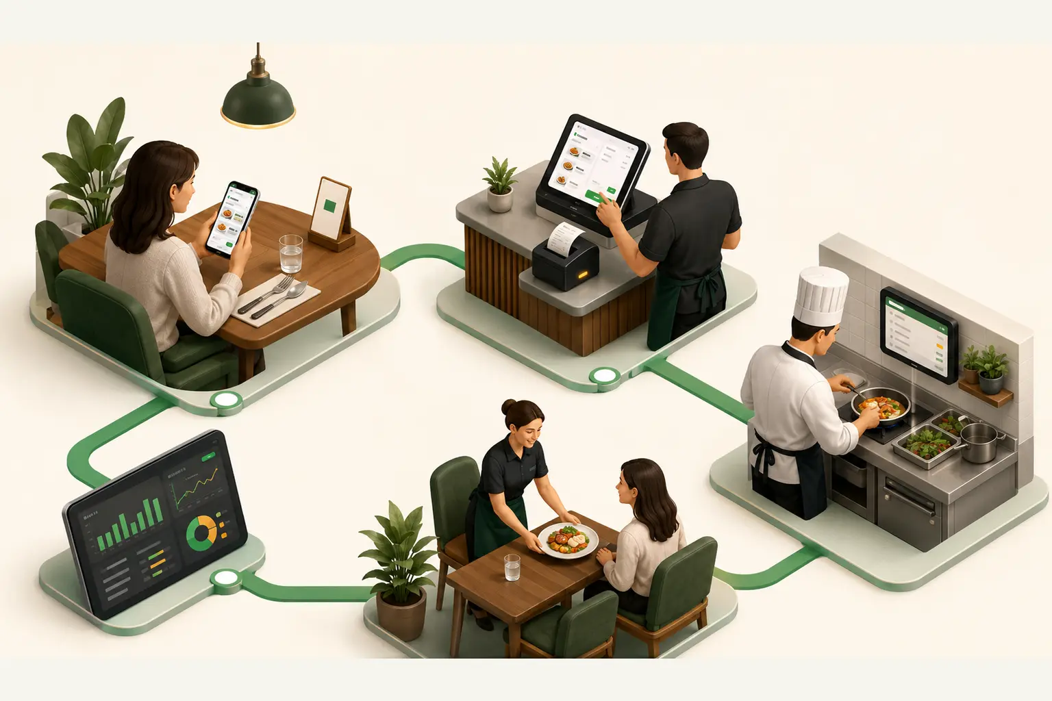 Connected restaurant ordering, counter, kitchen, service and reporting workflow