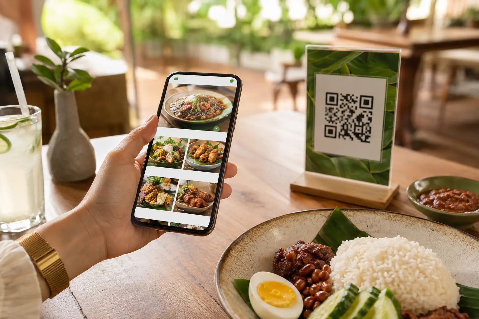 Customer browsing a QR menu beside a restaurant table QR stand