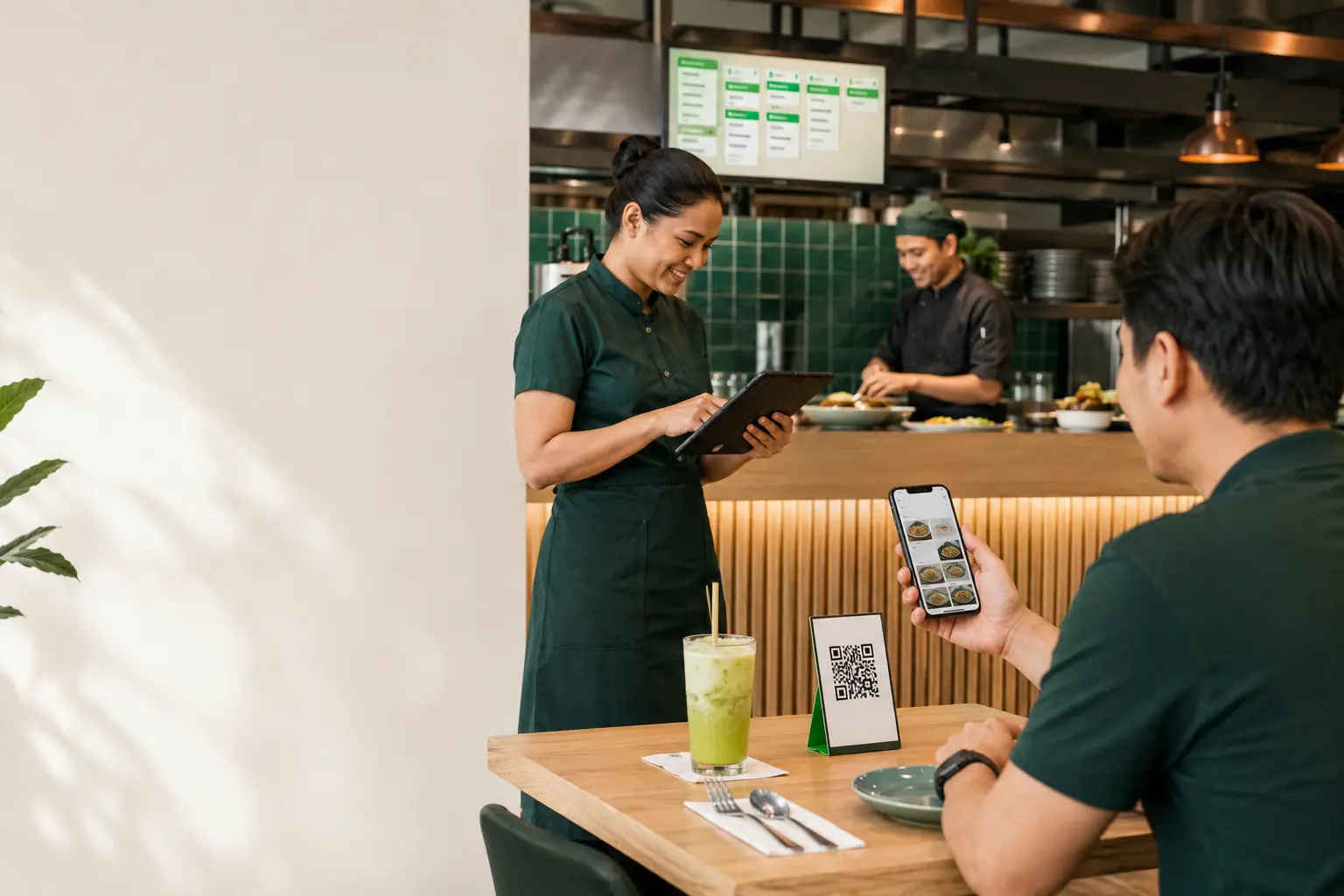 Customer QR order flowing from table to restaurant kitchen