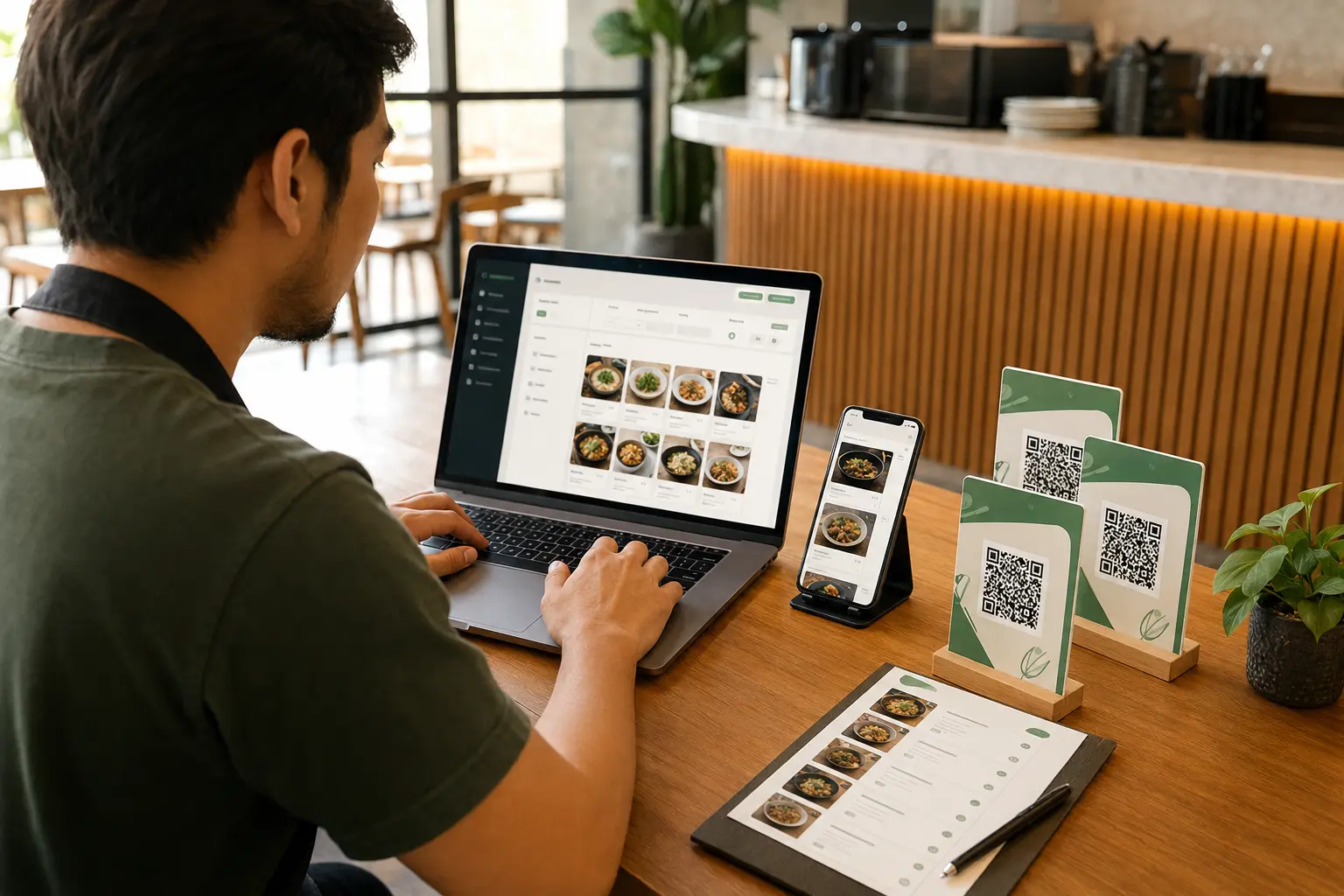 Restaurant owner setting up menu items and QR table codes