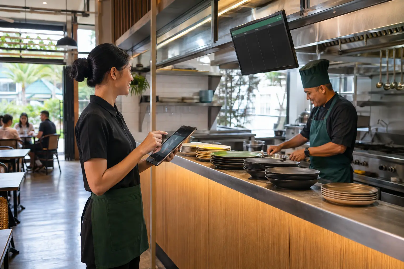 Restaurant order moving from service staff to kitchen preparation